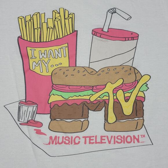 MTV Junior White Tee "I Want My MTV" Fast Food - Size Junior Large - Picture 2 of 4